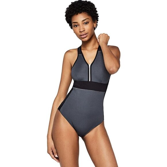 AURIQUE Women's Zip Front One Piece Swimming Suit Costume sz XL 12-14 Gray black - Picture 1 of 11